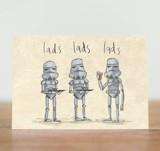 A great card for the mate who is a real trooper. The friend you can always rely on to be there for a lad's night out will appreciate this card. It’s perfect for birthdays or any other pint-worthy occasion!&nbsp;

We can’t use hyperdrive to get to another planet, so let’s look after this one. This laddish card is made from recycled paper and wrapped in fully biodegradable film.

Illustrated card, featuring three Stormtroopers on a lad’s night out