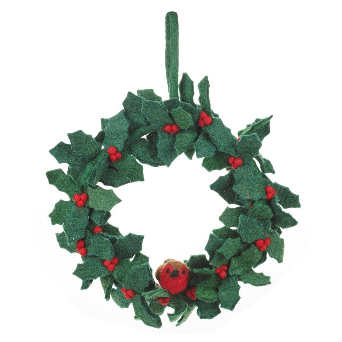 Holly Wreath with Robins Christmas Decoration. A beautiful alternative to a traditional Christmas wreath. This stunning Holly Wreath is made from biodegradable, handmade felt coloured with natural and organic dyes. Hand-stitched together on to wire and complete with an adorable little red robin perched in the centre. 