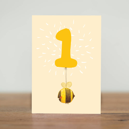 The perfect card for a first birthday! Let's hear it for all the 1 year olds, with this busy bee carrying a yellow balloon. Sustainably made in the UK