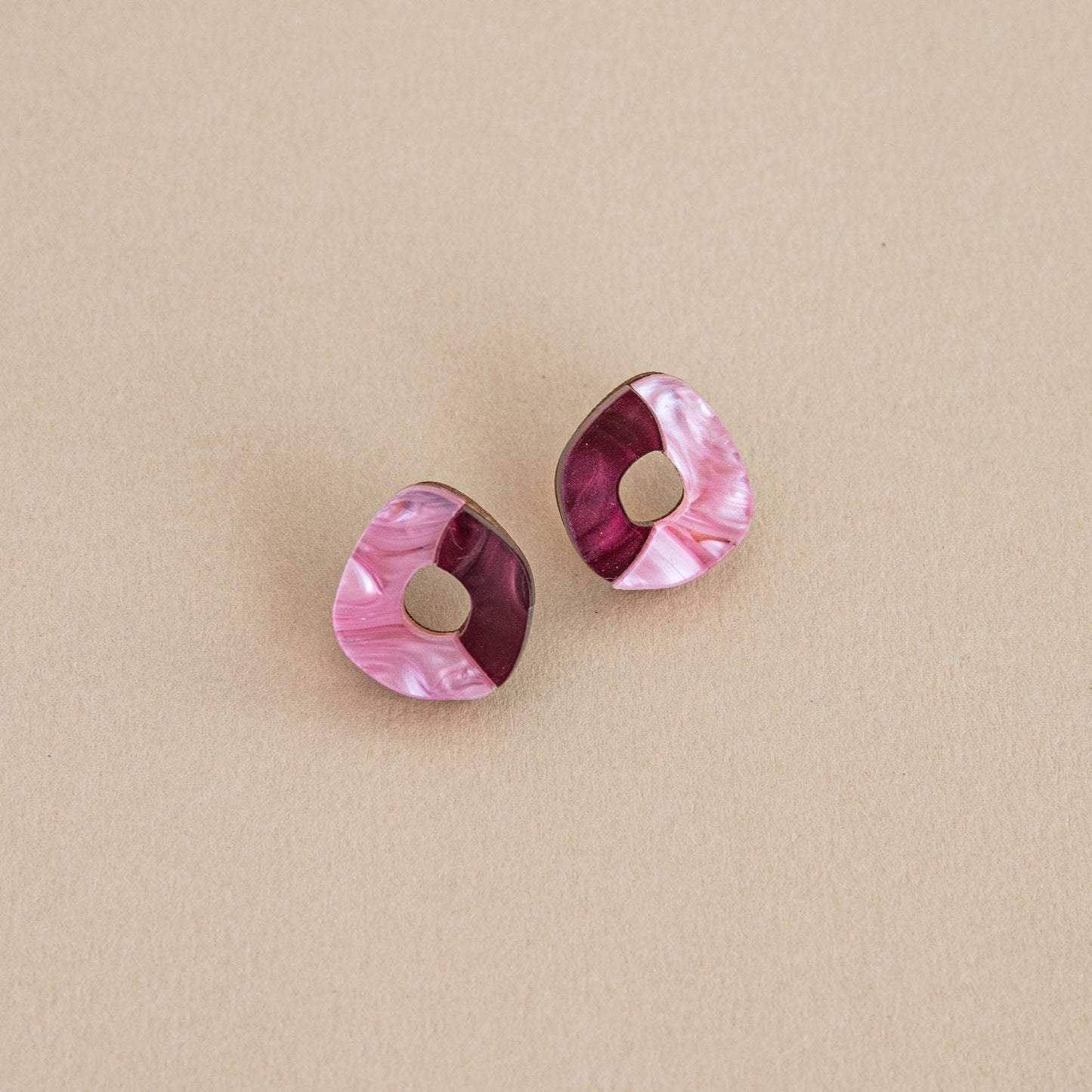 'Oh' Stud Earrings - Berry & Pink. Made from sustainable certified wood and acrylic.