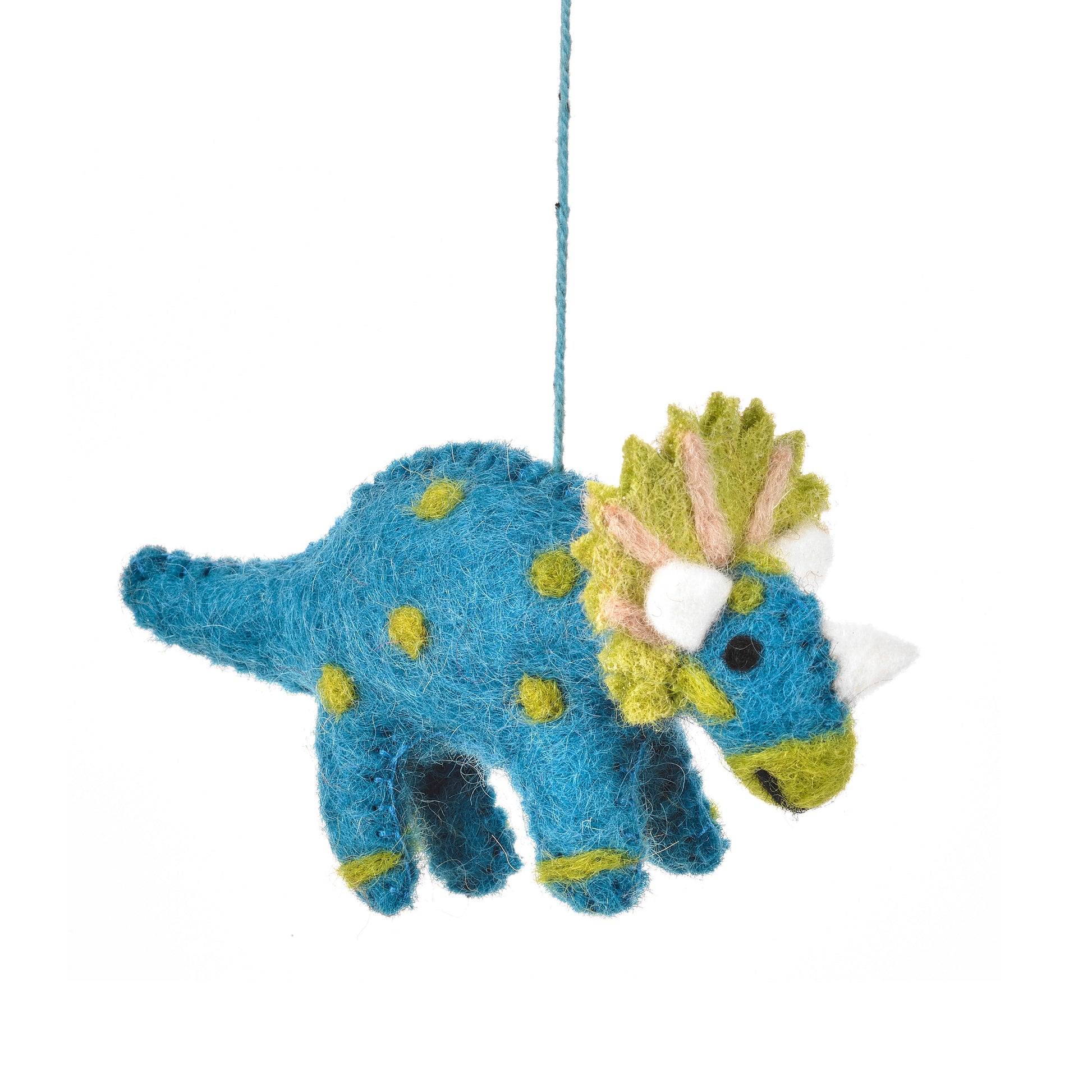 Tommy Triceratops Hanging Dinosaur Decoration. This triceratops has been crafted using needle felting techniques and coloured with organic and natural dyes (blue and green)