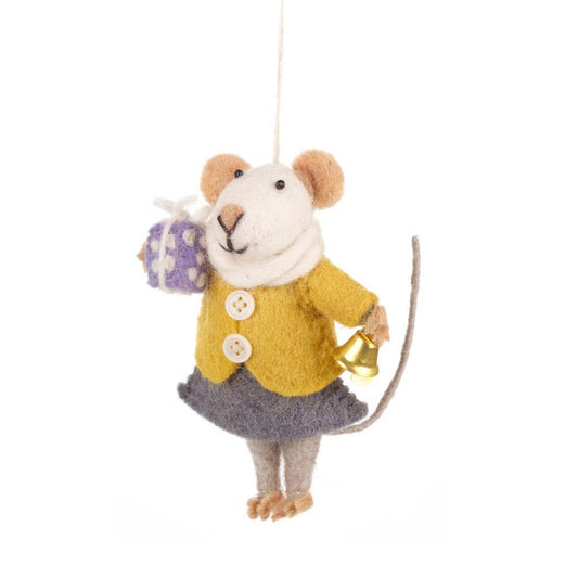 Agnes Mouse Hanging Decoration. Handcrafted in the Himalayas, Agnes has arrived in time for Christmas with a gift for you! She's been happily skipping and ringing her bell the whole way here as she's just so excited for the festivities to begin.

Agnes is made using sustainable materials, and all her clothes have been wet felted and lovingly stitched to her needle felted body.

Dimensions: 11.5cm x 8.5cm. Material: Wool.