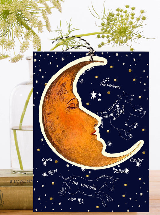 Vintage fandangle greeting card with a detachable crescent moon keepsake.