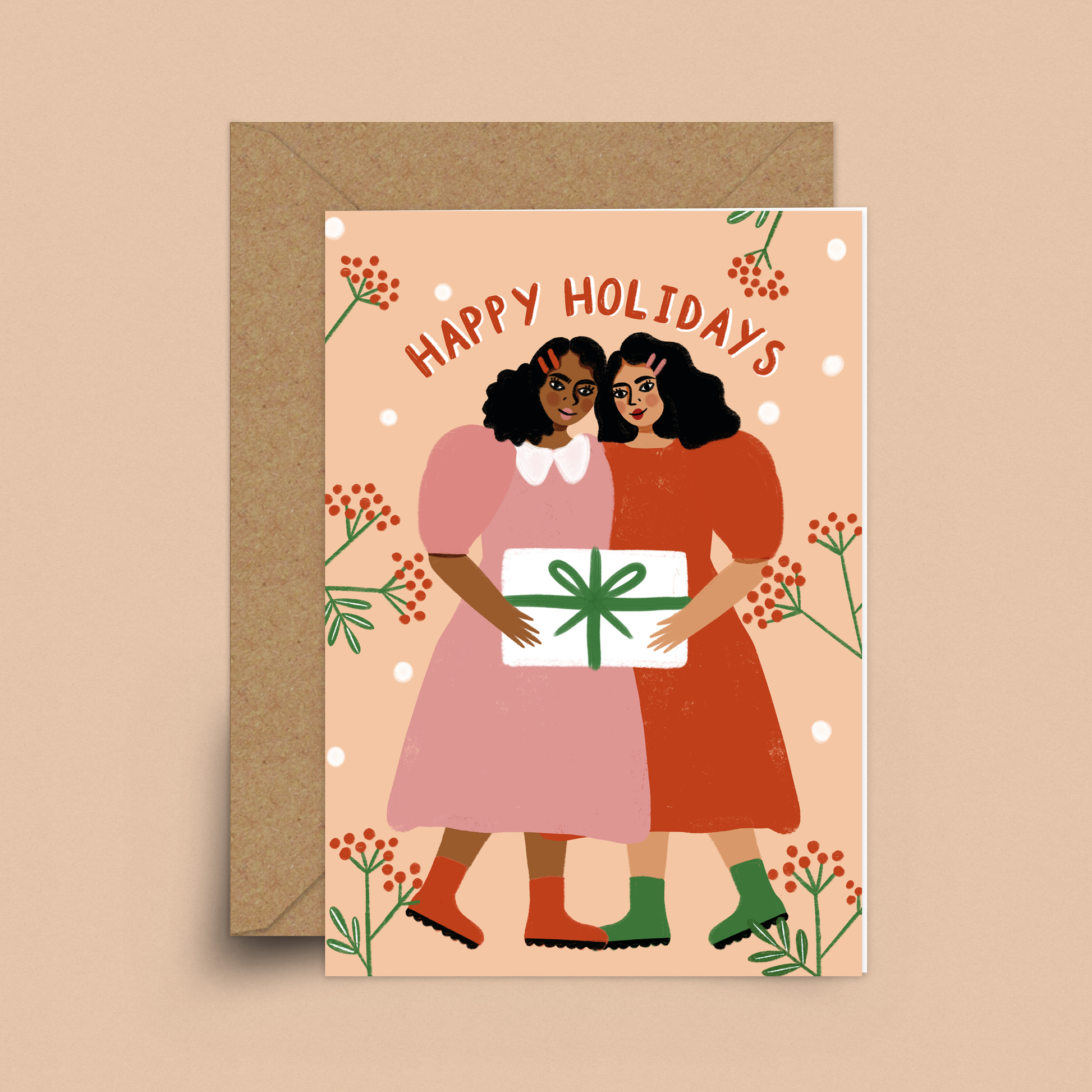 Happy Holidays card. 'Tis the season for Happy Holidays cards! See two festive friends exchanging gifts in this charming illustration.