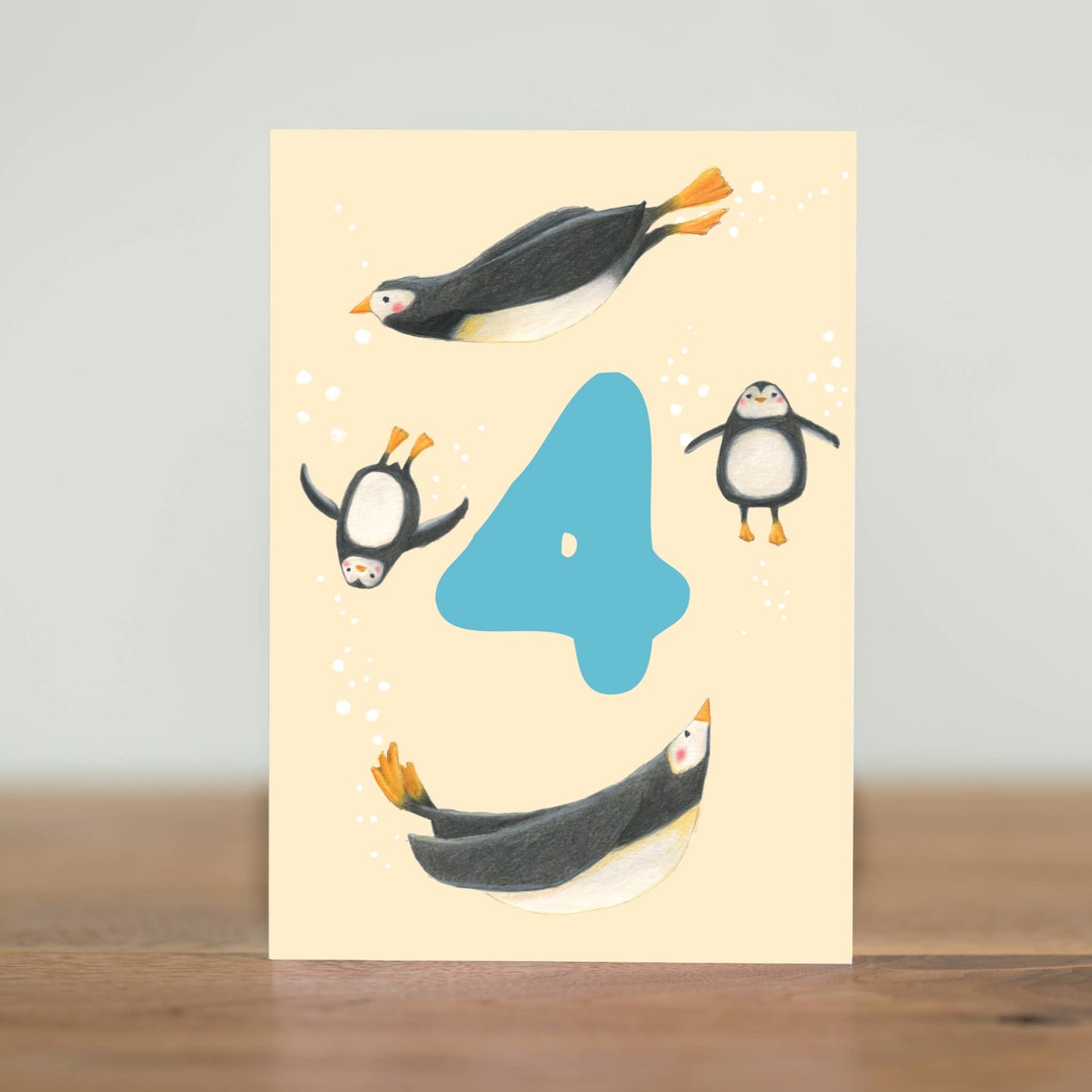 The perfect card for a fourth birthday! Let's hear it for all the 4 year olds, with these swimming penguins. Sustainably made in the UK.