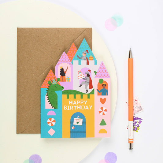 Castle Birthday Card. A lovely illustrated children’s birthday card, die cut into the shape of a castle, this luxury card was designed and made in the UK.