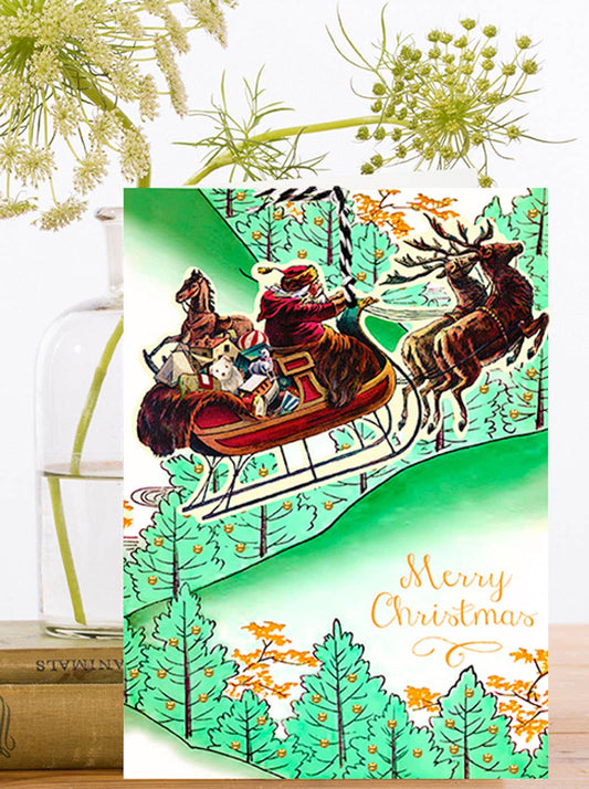 Santa Claus and his festive sack of vintage toys soar through the sparkling sky on his sleigh, pulled by his trusty reindeer.